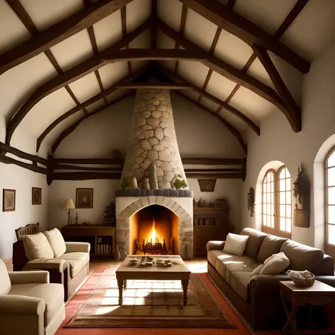 there is a living room with a fireplace and a couch, lareira aconchegante, interiores quentes, ambiente acolhedor e tranquilo, Atmoshpere aconchegante, aconchegante e calmo, sala de estar aconchegante, lareira tradicional, Cozy setting, Interior da vila fr...