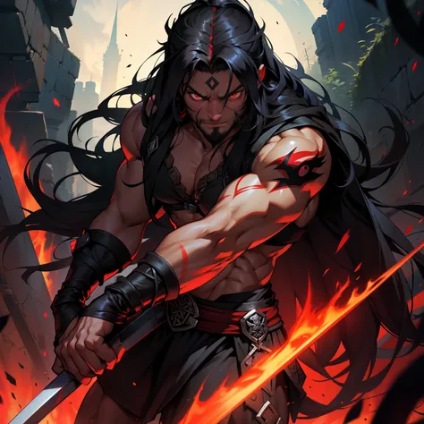 Musculous Viking Berserker. Dark Black Long Hair. Very Long Hair. Red Aura. Red Eye. Berserker