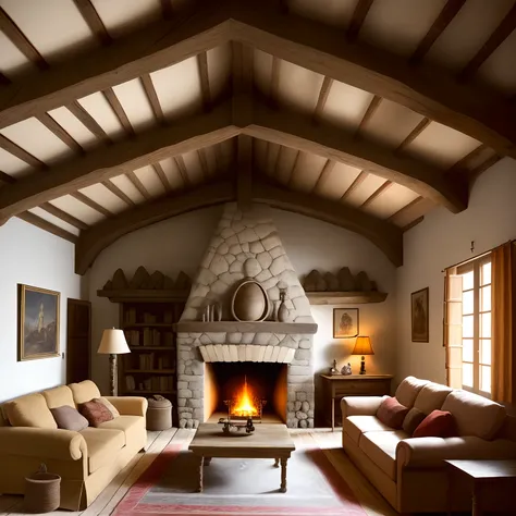 there is a living room with a fireplace and a couch, lareira aconchegante, interiores quentes, ambiente acolhedor e tranquilo, Atmoshpere aconchegante, aconchegante e calmo, sala de estar aconchegante, lareira tradicional, Cozy setting, Interior da vila fr...