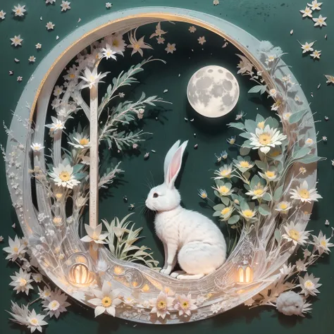 in this ultra-detailed cg art，a moon，during night，starrysky，adorable rabbit,(paper cuttings style:fresh flowers.fujiman)，best qu...