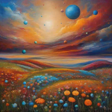 a field of dreams, a sky of planets. Oil on Canvas, Masterpiece, Abstract Art, Intricate Detail,