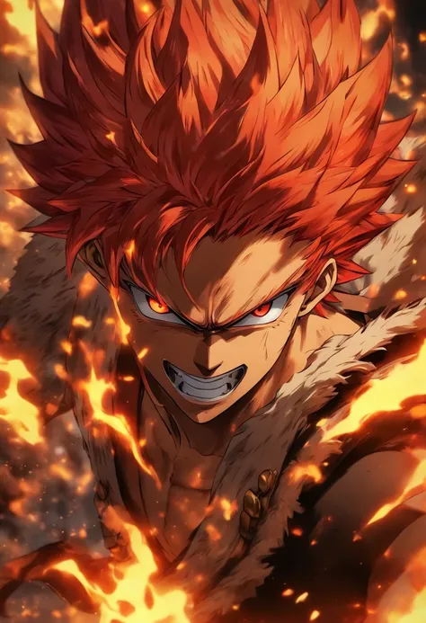 anime character with red hair and red eyes staring at the camera, an anime drawing by Shingei, tumblr, shin hanga, roguish smirk, portrait of hisoka hunter hunter, screenshot from black clover, handsome guy in demon slayer art, orange - haired anime boy, i...