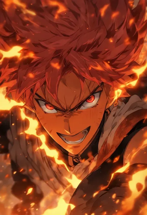 anime character with red hair and red eyes staring at the camera, an anime drawing by Shingei, tumblr, shin hanga, roguish smirk, portrait of hisoka hunter hunter, screenshot from black clover, handsome guy in demon slayer art, orange - haired anime boy, i...