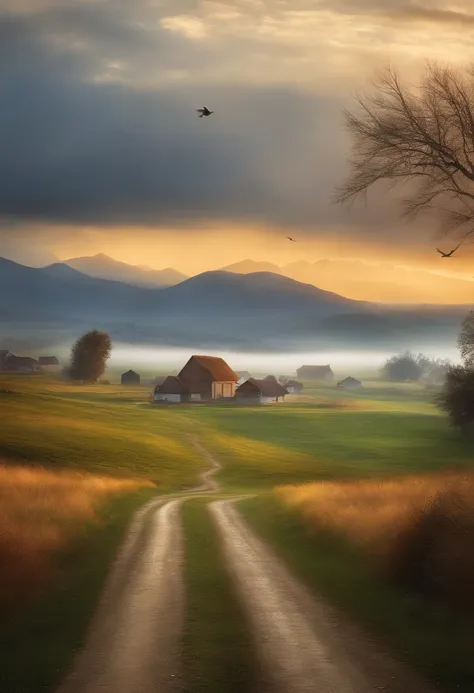 Best quality, masterpiece, super high resolution, (realism: 1.4), oil painting style, film lighting, endless grassland dotted with a few homes, I stood on the empty asphalt road and looked at it, the fairy mountains were foggy, and the cranes were flying