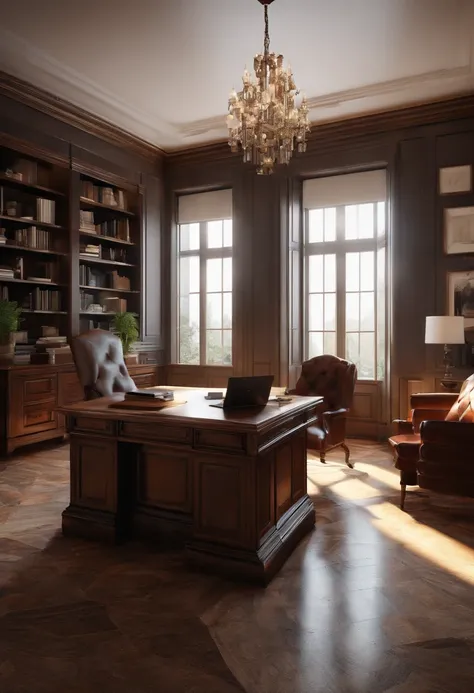 home office room, desk, chairs,  Aligoudarz Stone on floor, hyper realistic, high detailed, 8k