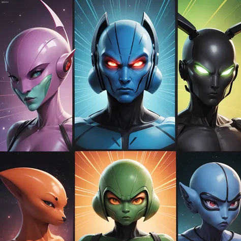 six different species of non-humanoid alien in a police lineup. Naive comic book style