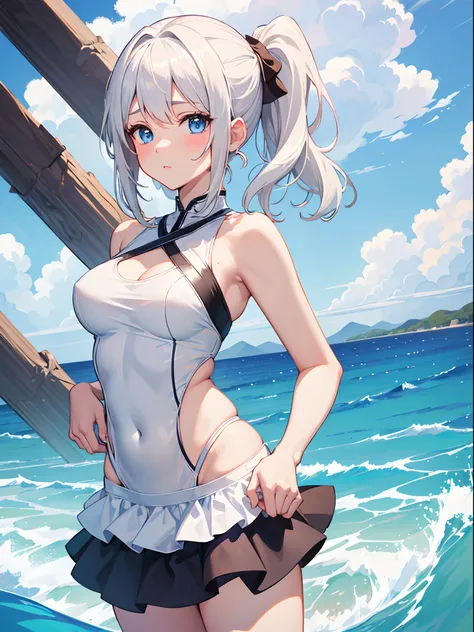 ((4K, ​master piece, Best Quality)), 1girl in, Medium White Hair, Beautiful sky blue eyes, Pony tail, Swimsuit, at noon,  Cute, blush, medium breasts⁩