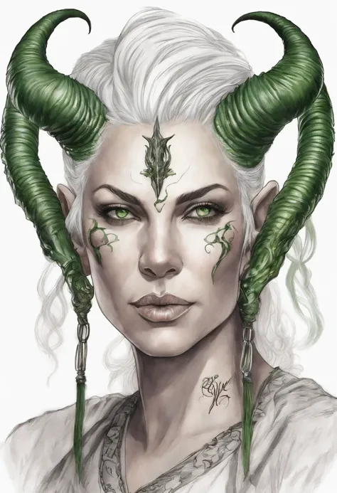 hand drawn sketch illustration of a beautiful tiefling with white hair, green eyes, symmetrical dragon horns, illustration, watercolor sketch, (best quality)), intricate detailed,