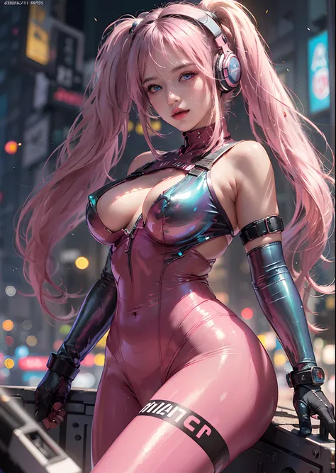 Best Quality, Masterpiece, Ultra High Resolution, (Realisticity: 1.9), Original Photo, 1Girl, Bare Shoulder, full body portrait, futuristic neon lit city at night, Movie Lighting , bangs,sexy bodysuit, large breasts, large buttocks, gamer headphones, shoul...