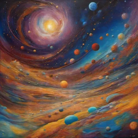 a field of dreams, a sky of planets. Oil on Canvas, Masterpiece, Abstract Art, Intricate Detail, 32k,