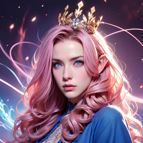 a woman, long curly hair, pink hair, blue eyes, elf, Queen, Background with powers, magic, powerful, would be, angry, crown on her head