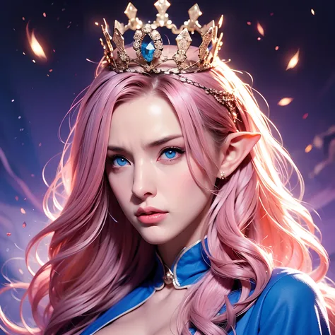 a woman, long curly hair, pink hair, blue eyes, elf, Queen, Background with powers, magic, powerful, would be, angry, crown on her head