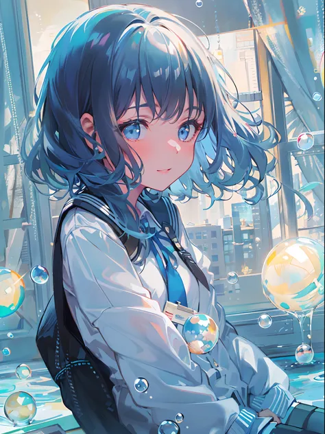 ((top-quality)), ((​masterpiece)), ((ultra-detailliert)), (extremely delicate and beautiful), girl with, 独奏, cold attitude,((Black jacket)),She is very(relax)with  the(Settled down)Looks,A dark-haired, depth of fields,evil smile,Bubble, under the water, Ai...