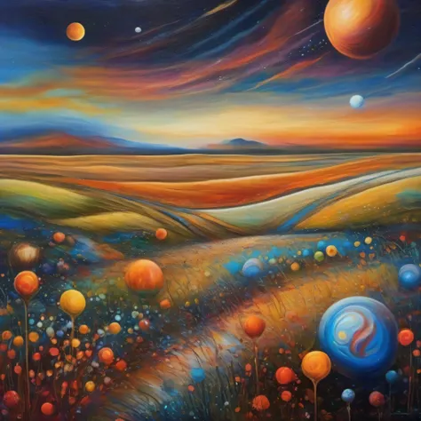 a field of dreams, a sky of planets. Oil on Canvas, Masterpiece, Abstract Art, Intricate Detail, 32k,