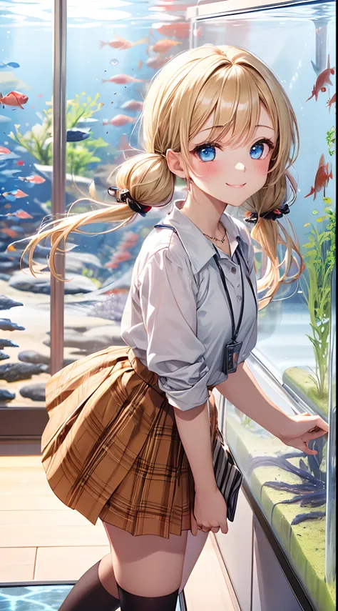 absurderes, ultra-detailliert,bright colour, extremely beautiful detailed anime face and eyes, (1girl in:1.8),(Aquarium Date:1.5),Admire the aquarium,(From Side),A lot of fish swim in the aquarium,Happy smile,shiny_skin,25 years old, , (Light white uniform...