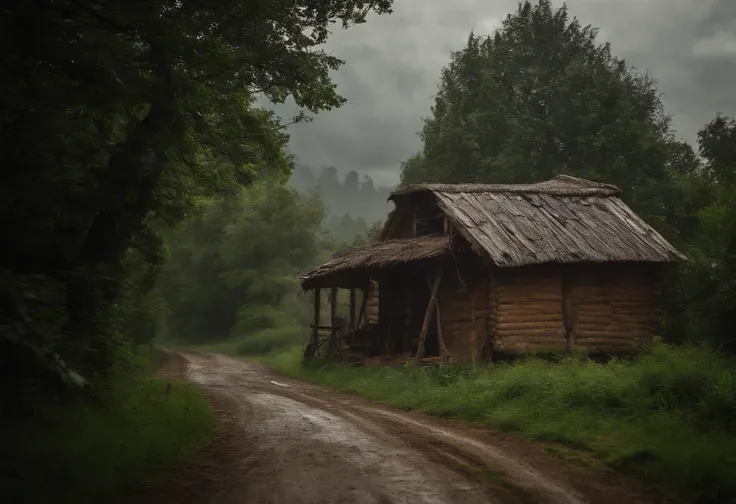 clean village road, inclement weather, a hut, evening, peaceful , cloudy, inclement weather, pleasant, green, breathtaking photograph