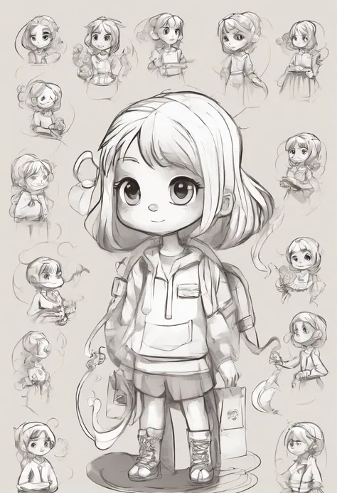 menina, multiples poses and expressions, corpo inteiro, fundo branco, illustration of childrens book, simples, fofa, 6 anos de idade, cor brilhante, cabelo longo preto, pele de oliva, short branco, camisa de manga