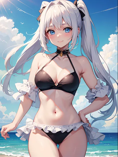 ((4K, ​master piece, Best Quality)), 1girl in, Medium White Hair, Beautiful sky blue eyes, Pony tail, swimsuit, at noon,  Cute, blush, medium breasts⁩, smile