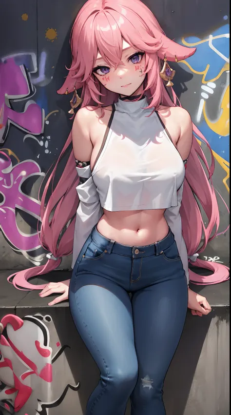 Yae Miko|genshin impact, master-piece, bestquality, 1girls,25 years old, proportional body, elongated legs, Beautiful, proportional., crop top, Long Jeans, mediuml breasts, ,bara, crop top, choker, (Graffiti:1.5), Splash with purple lightning pattern., arm...