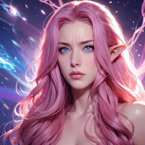 a woman, long curly hair, pink hair, blue eyes, elf, Queen, Background with powers, magic, powerful, Serious, angry, crown on head, sensual