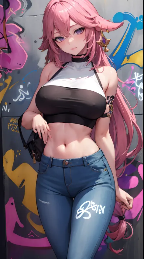 Yae Miko|genshin impact, master-piece, bestquality, 1girls,25 years old, proportional body, elongated legs, proportional., crop top, Long Jeans, mediuml breasts, ,bara, crop top, choker, (Graffiti:1.5), Splash with purple lightning pattern., arm behind bac...