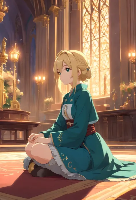 wrc style, beautiful girl, blond, sitting, royal outfit, royal chamber, medieval setting