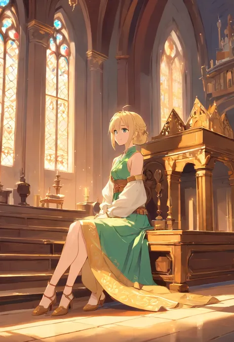 wrc style, beautiful girl, blond, sitting, royal outfit, royal chamber, medieval setting