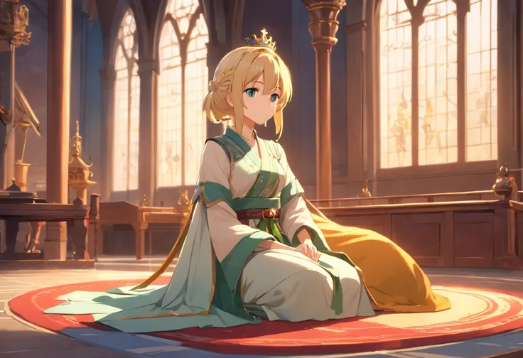 wrc style, beautiful girl, blond, sitting, royal outfit, royal chamber, medieval setting