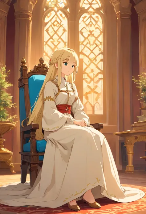 wrc style, beautiful girl, blond, sitting, royal outfit, royal chamber, medieval setting