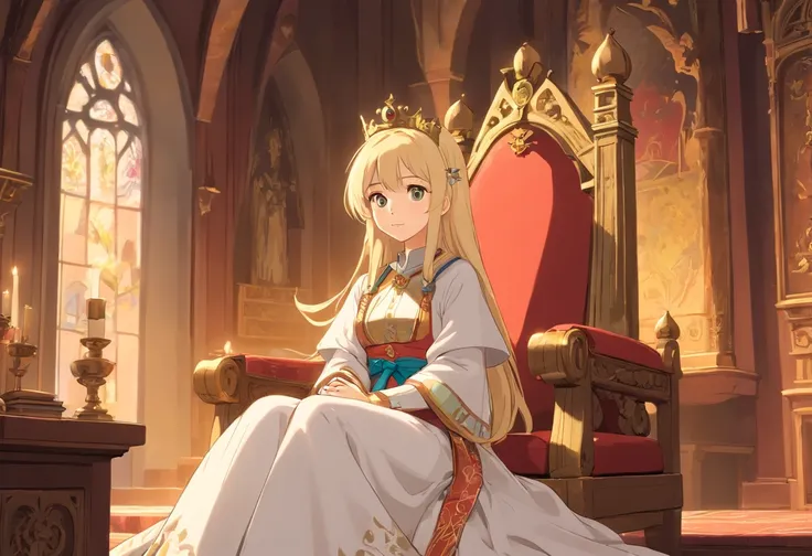 wrc style, beautiful girl, blond, sitting, royal outfit, royal chamber, medieval setting