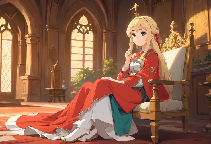 wrc style, beautiful girl, blond, sitting, royal outfit, royal chamber, medieval setting