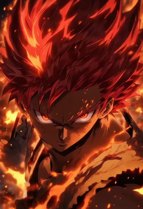 anime character with red hair and red eyes staring at the camera,dynamic pose ,an anime drawing by Shingei, tumblr, shin hanga, roguish smirk, portrait of hisoka hunter hunter, screenshot from black clover, handsome guy in demon slayer art, red - haired an...