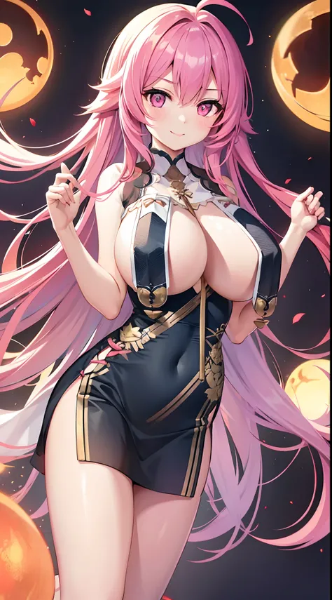 1 girl, game CG, ahqipao, gigantic breasts, pink hair, long hair, straight hair, ahoge, pink eyes, smile, dynamic,