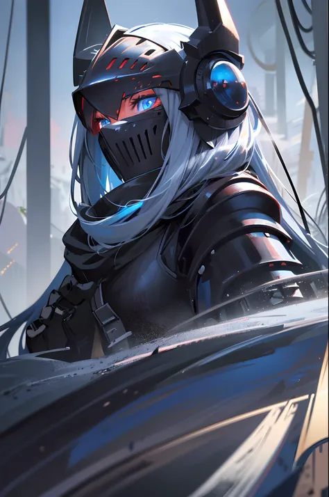 Girl,Dirty long blue hair,Blue eyes,Glowing red iris,exhilarated,Long gray furry ears,Black dirty old armor,Mechanical armor,Black old hooded cloak,Black iron,grey fur,white bandages,A knights helmet that covers the head,Iron mask,glowing patterns,forest,M...