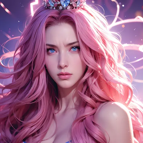 a woman, long curly hair, pink hair, blue eyes, Queen, Background with powers, magical, powerful, serious, angry, crown on head, sensual