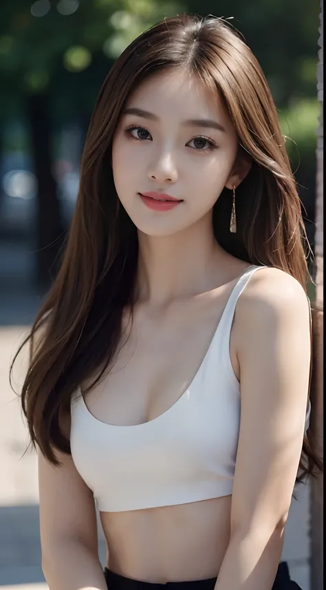 (masterpiece), a stunning photograph of korean girl model, full body, 8k, raw photo, looking at viewer, (highly detailed skin:1.2), small breasts, slim body, blonde hair, (photorealistic:1.4), white top, black skirt, solo, jewelry, earrings, (looking at vi...