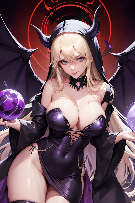 Stormy Daniels : The evil nun, Demon horn, Demon wings on the head , sexy robe de nonne, His hands preparing a sphere of purple energy, diabolique, insidieux, His powerful magic hits the buildings of a city , Context of the Satanic Church, detailled eyes, ...