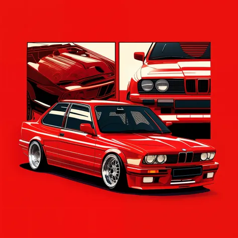 a close up of a red car with a hood open and a picture of a car with a hood open, bmw e 3 0, bmw e30, detailed vectorart, striking detailed artstyle, hyper detail illustration, 1 : 1 hyper illustration, hyper detailed masterpiece, extremely hyper detailed,...