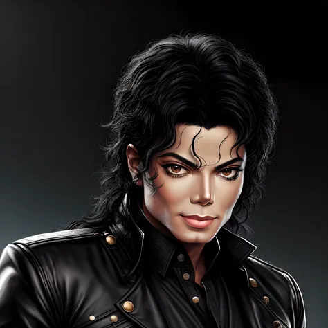 a Michael Jackson  with (black hair), classic heroism style, looking fixedly at the camera, classic heroism style, fantasy, great UHD quality, realistic style.