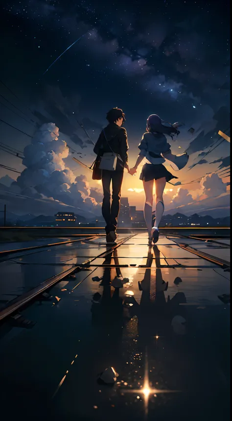 High quality masterpiece, landscape, anime train passing through bodies of water on tracks, bright starry sky. Romantic train, pixiv, concept art, lofi art style, reflection. by Makoto Shinkai, lofi art, Beautiful anime scene, Anime landscape, detailed sce...