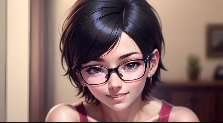 uchiha sarada,1girl, solo black eyes, black hair, red framed glasses, short hair, solo, earrings, smile, shy, masterpiece, best ...