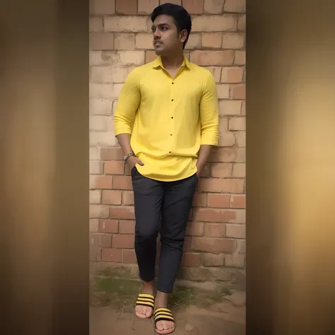 a close up of a person standing in front of a brick wall, in blue and yellow clothes, stylish pose, with lovely look, with yellow cloths, candid picture, full body photogenic shot, * colour splash *, !! low contrast!!, full body picture, yellow clothes, ve...