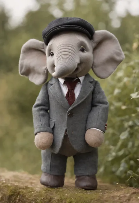 Create image of a small gray stuffed elephant wearing Peaky Blinders style clothes