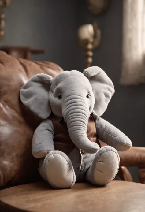 Create image of a small gray stuffed elephant wearing Peaky Blinders style clothes