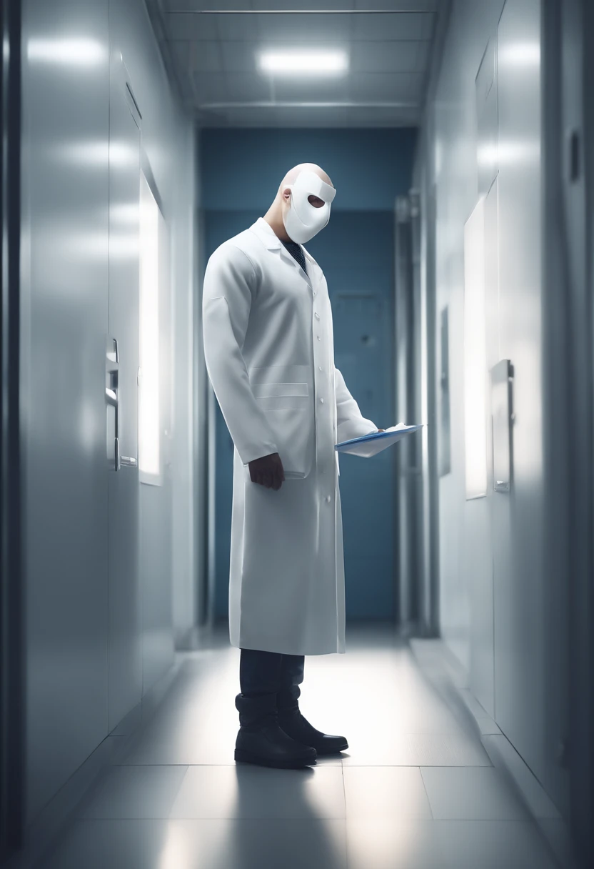 Single person, white body, muscles, standing in front of the glass door, bowing his head, taking notes, serious expression, frowning (doctor clothing,, white mask, notebook, blue pen, white boots, black pattern: 1.2), wolf tail, wolf Ear, ((bust portrait))...