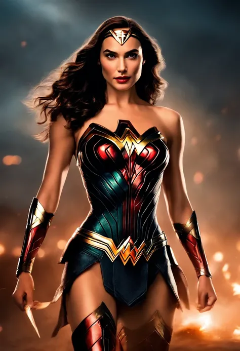 ultra realistic Gal Gadot , no pantys , em um fato de mulher maravilha rasgado, olhar sexy , ancas a vista, em uma batalha com androids, (pose de guerreira )(perna a mostra anca perfeita