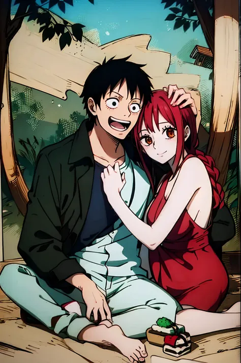 makima, luffy, couple, husband and wife, lovey dovey couple being happy in picnic, hug,