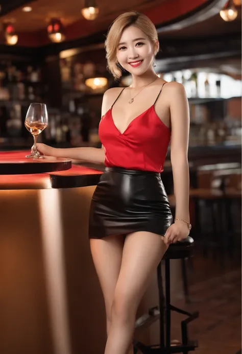 a blond、short-cut、well-groomed hair、gals、japanes、Strong 18 year old girl、Happy smile、girl with、、profile、Mini skirt、Leather skirt、Sexy with a camisole、A slender、Beautiful big breasts、Inside the bar、Sit at the bar counter、legs crossed、full body Esbian、The ta...