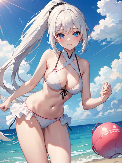 ((4K, ​master piece, Best Quality)), 1girl in, Medium White Hair, Beautiful sky blue eyes, Pony tail, Swimsuit, bikini of, at noon,  Cute, blush, medium breasts⁩, Smile