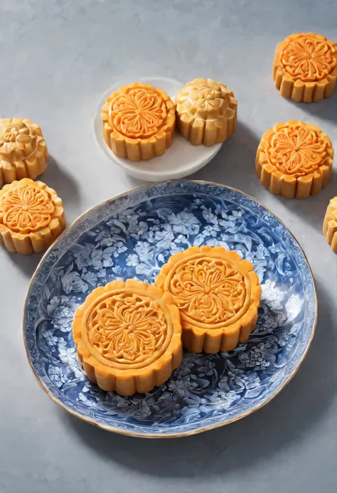 Delicious mooncakes，cinematic ligh，professional photoshooting，studio lit，studio context，advertisement photography，Complicated details，hyper-detailing，Ultra photo realsisim，8K UHD，Place on a blue and white porcelain plate，closeup cleavage